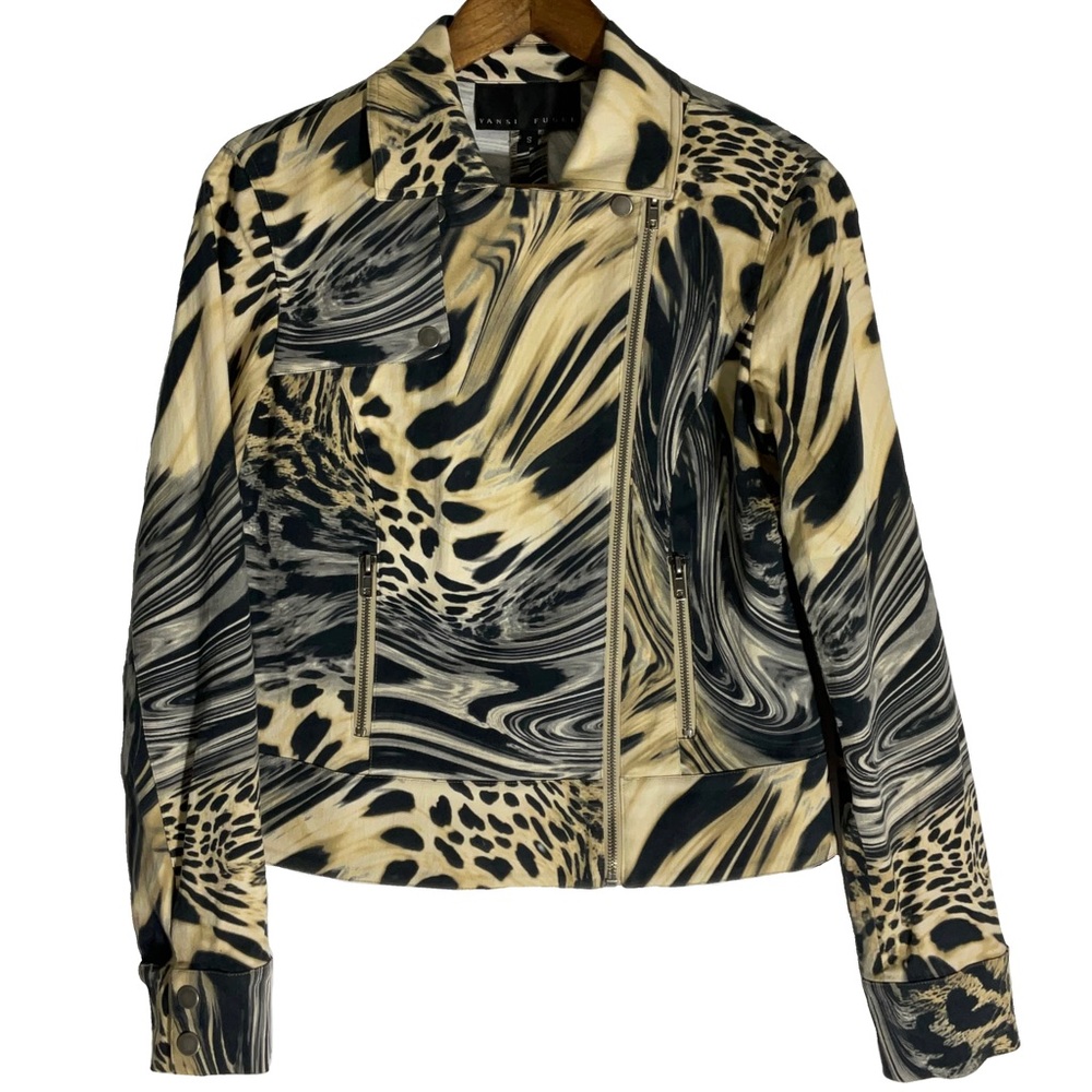 Yanci Fugel Animal Print Asymmetrical Zip Jacket w/Zipper Pocket V-Neck Sz Small